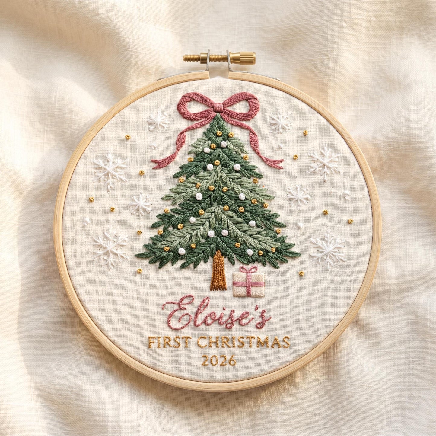 Baby First Christmas Ornament Personalized, Hand Embroidered Christmas Tree Hoop with Name and Year, Baby Girl Keepsake Gift 2026 - main product image