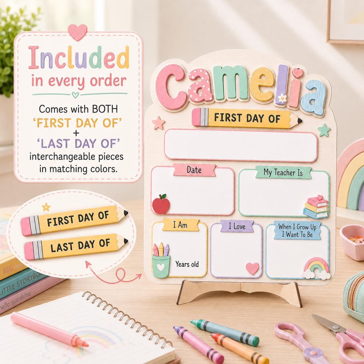 Personalised Pastel Rainbow First Day School Board: Reusable Back to School Wooden Acrylic Sign - product image 7