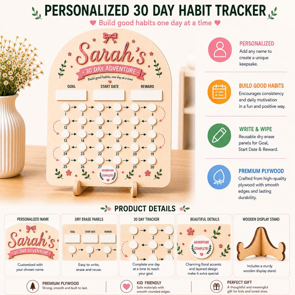 Personalized 30 Day Habit Tracker | Custom Kids Reward Chart | Dry Erase Routine Board | Chore Chart for Kids | Motivation Goal Tracker Gift - product image 5