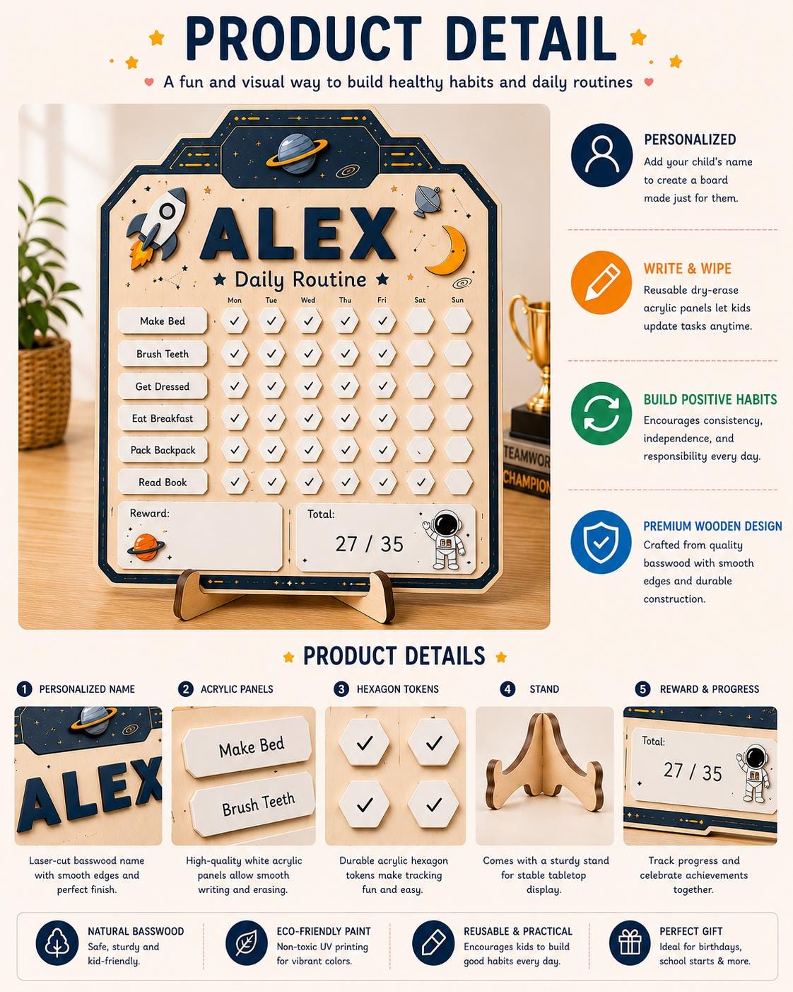 Personalized Daily Routine Chart for Kids | Montessori Chore Chart | Custom Name Habit Tracker | Dry Erase Reward Board, Space Daily Routine - product image 3