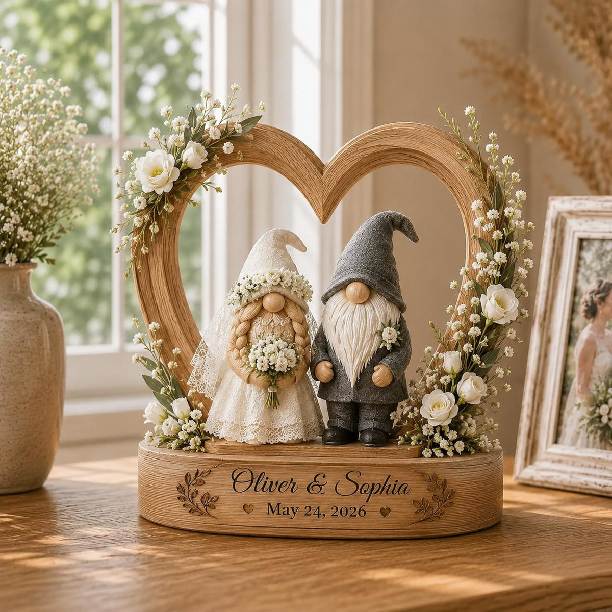 Personalized Wedding Gnome Wooden Sign, Custom Couple Name Figurine, Rustic Heart Table Decor, Anniversary Keepsake Gift Idea, GIFT 2026 - main product image