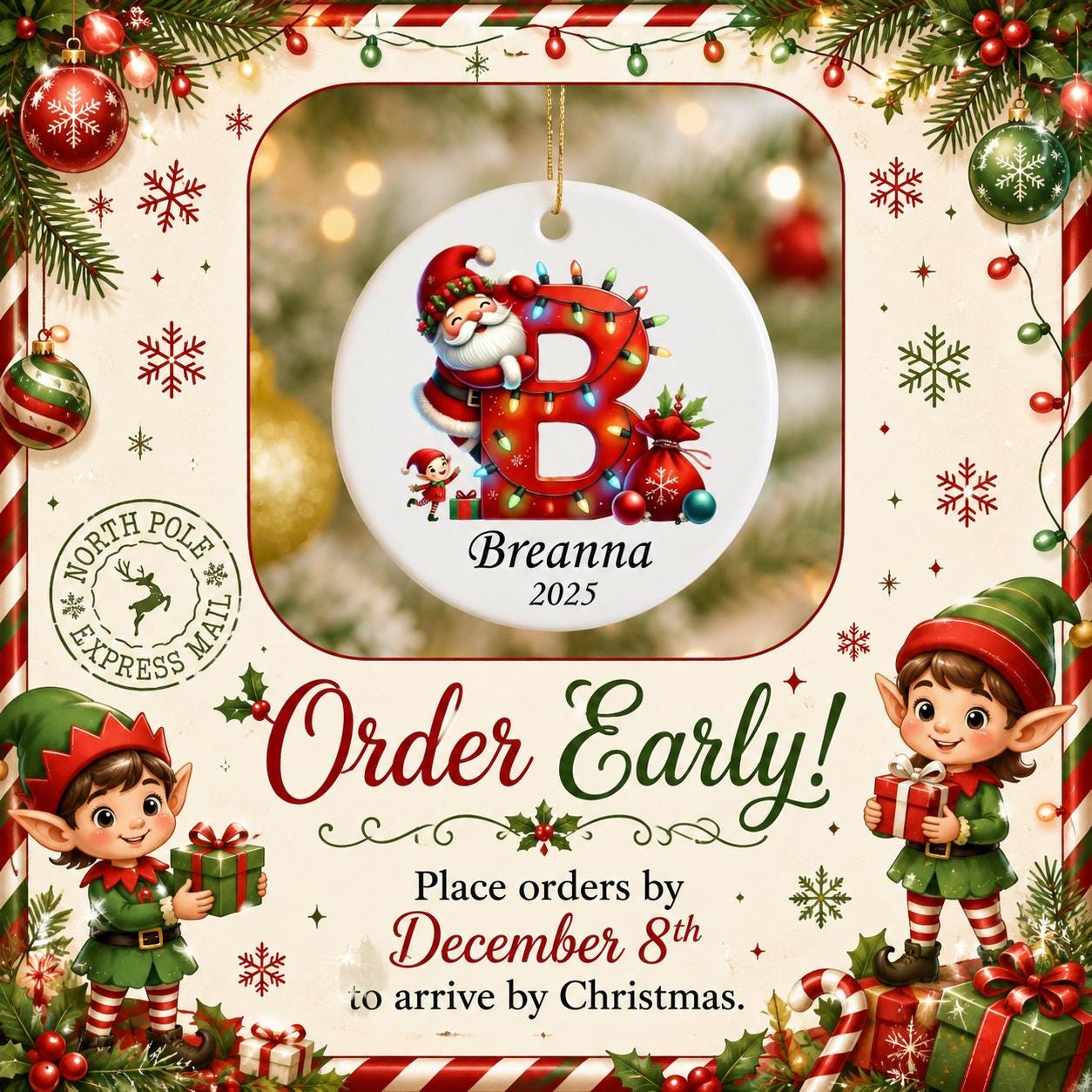 Letter Name Ornament, Santa Elf Ornament Personalized Christmas Ornament 2025, Custom Initial ornament, Christmas ornament for kids, Family - product image 9