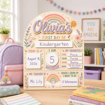 Custom Boho Rainbow First Day of School Sign for Girls, Personalized Back to School Board, Editable School Photo Prop, Reusable Milestone - main product image