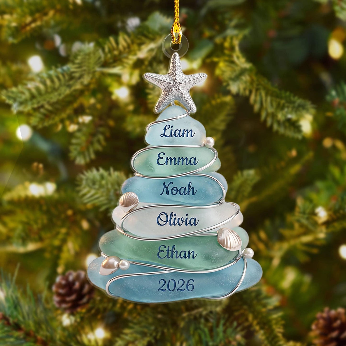 Custom Sea Glass Tree Ornament, Beach Family Christmas Decor, Personalized Coastal Keepsake, Grandkids Gift Up To 13 Names, 2026 Holiday - main product image