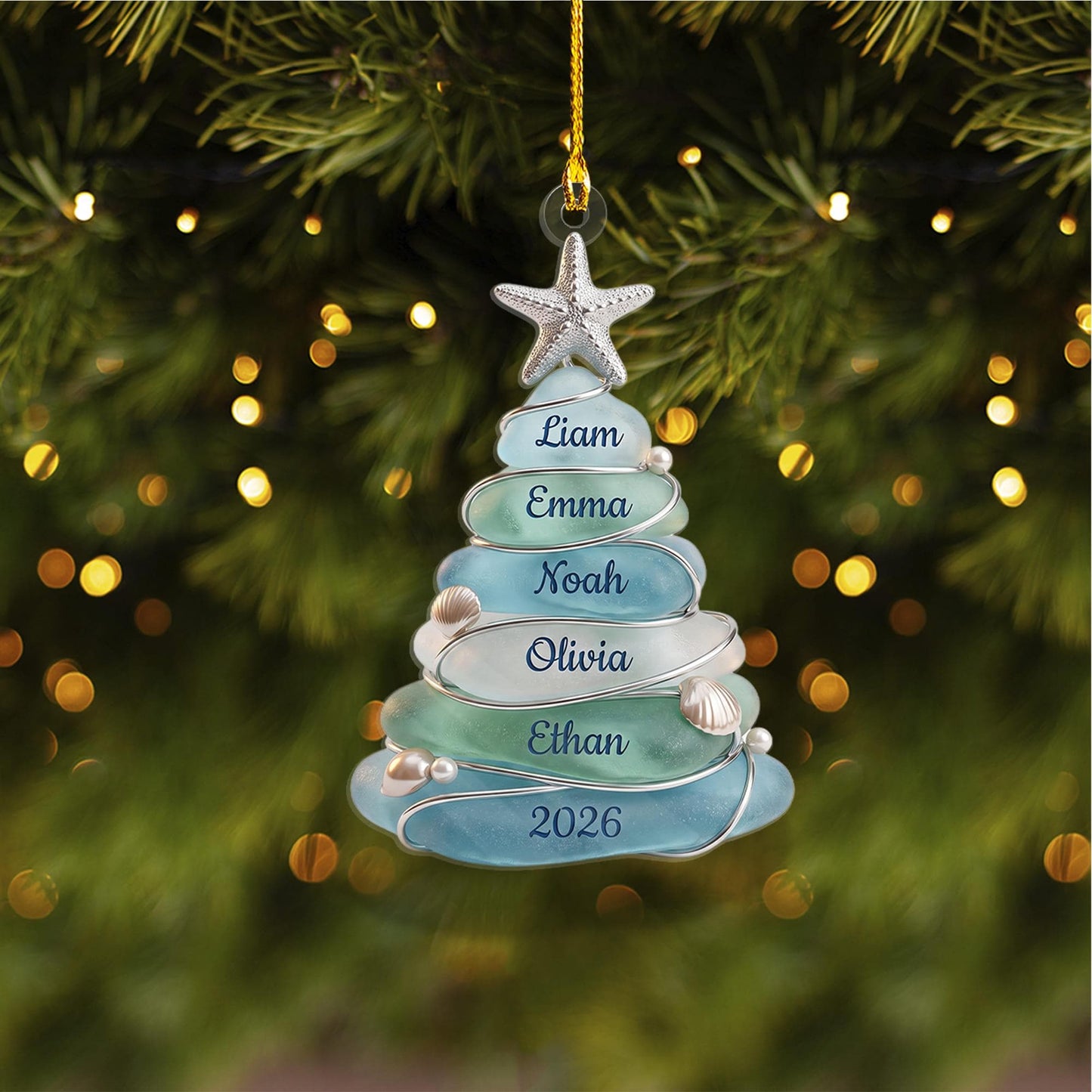 Custom Sea Glass Tree Ornament, Beach Family Christmas Decor, Personalized Coastal Keepsake, Grandkids Gift Up To 13 Names, 2026 Holiday - product image 3