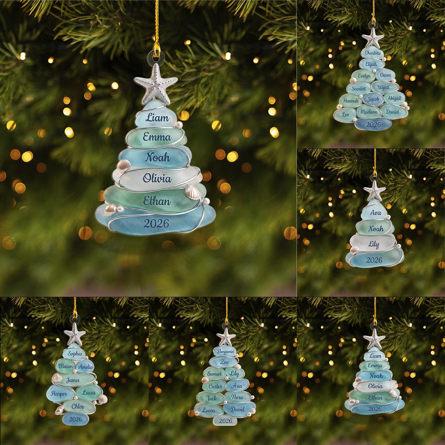 Custom Sea Glass Tree Ornament, Beach Family Christmas Decor, Personalized Coastal Keepsake, Grandkids Gift Up To 13 Names, 2026 Holiday - product image 5