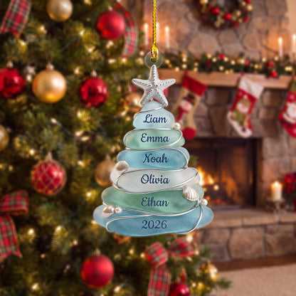 Custom Sea Glass Tree Ornament, Beach Family Christmas Decor, Personalized Coastal Keepsake, Grandkids Gift Up To 13 Names, 2026 Holiday - product image 4