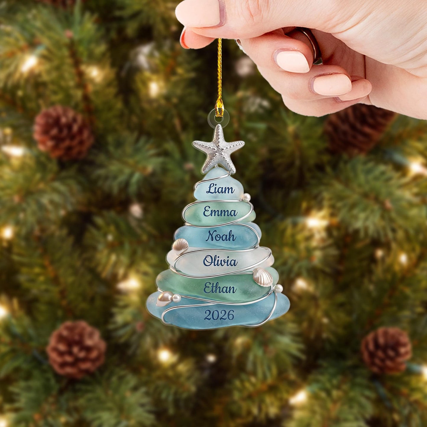 Custom Sea Glass Tree Ornament, Beach Family Christmas Decor, Personalized Coastal Keepsake, Grandkids Gift Up To 13 Names, 2026 Holiday - product image 6