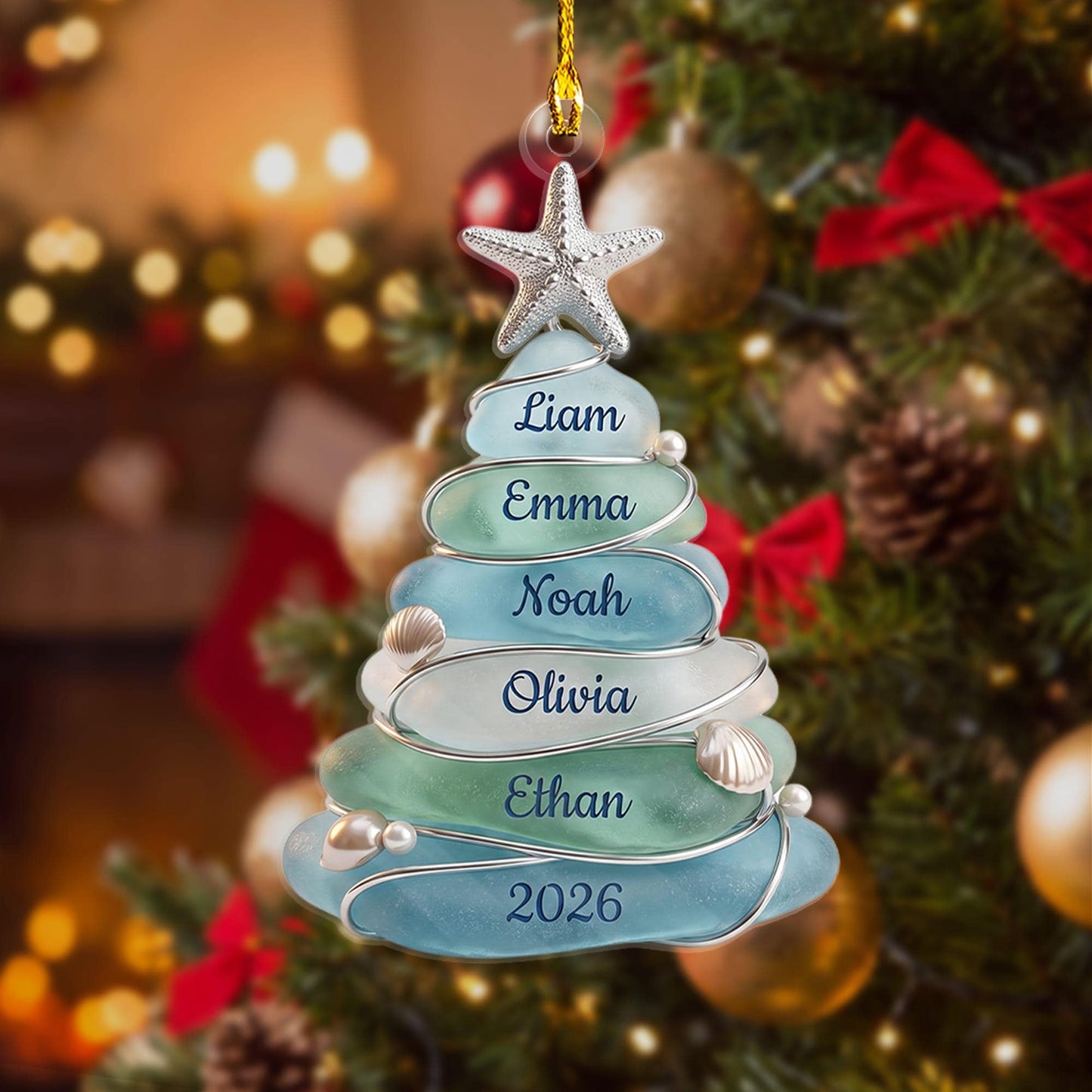 Custom Sea Glass Tree Ornament, Beach Family Christmas Decor, Personalized Coastal Keepsake, Grandkids Gift Up To 13 Names, 2026 Holiday - product image 7