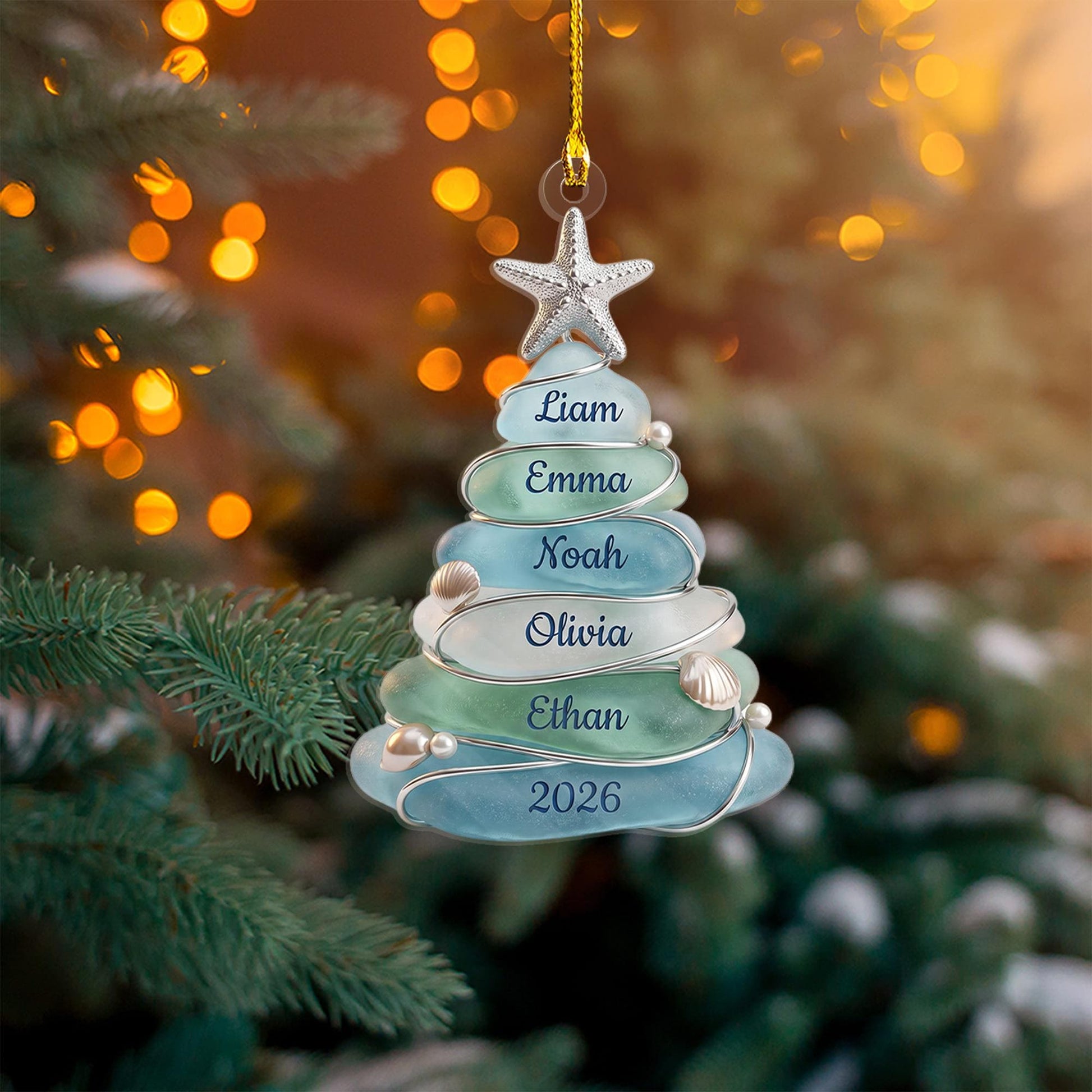 Custom Sea Glass Tree Ornament, Beach Family Christmas Decor, Personalized Coastal Keepsake, Grandkids Gift Up To 13 Names, 2026 Holiday - product image 9