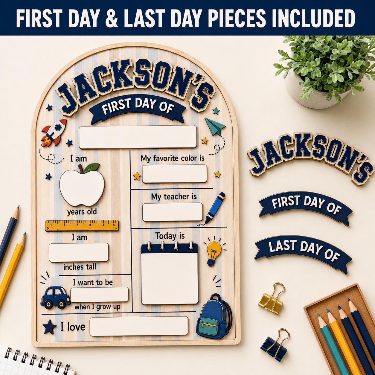 Personalized First Day of School Sign, Custom Wooden Back to School Milestone Board, Boys School Photo Prop - product image 2