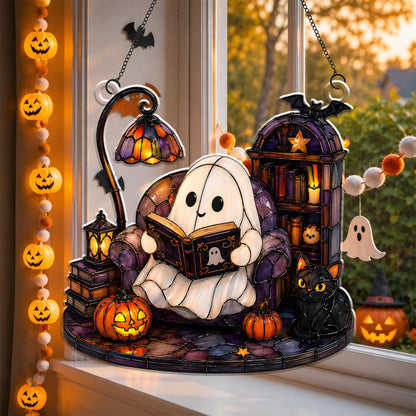 Cute Ghost Reading Book Acrylic Ornament,Halloween Window Hanging,Cat Lover Gift,Book Lover Gift,Halloween Bookish Gift,Halloween Home Decor - product image 2