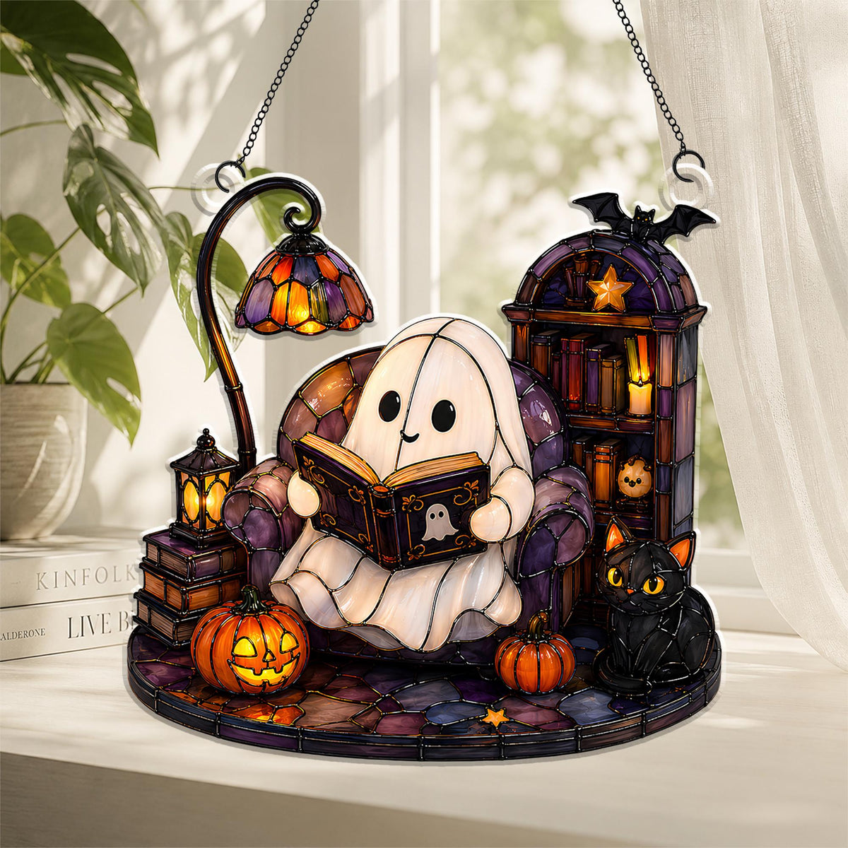 Cute Ghost Reading Book Acrylic Ornament,Halloween Window Hanging,Cat Lover Gift,Book Lover Gift,Halloween Bookish Gift,Halloween Home Decor - main product image