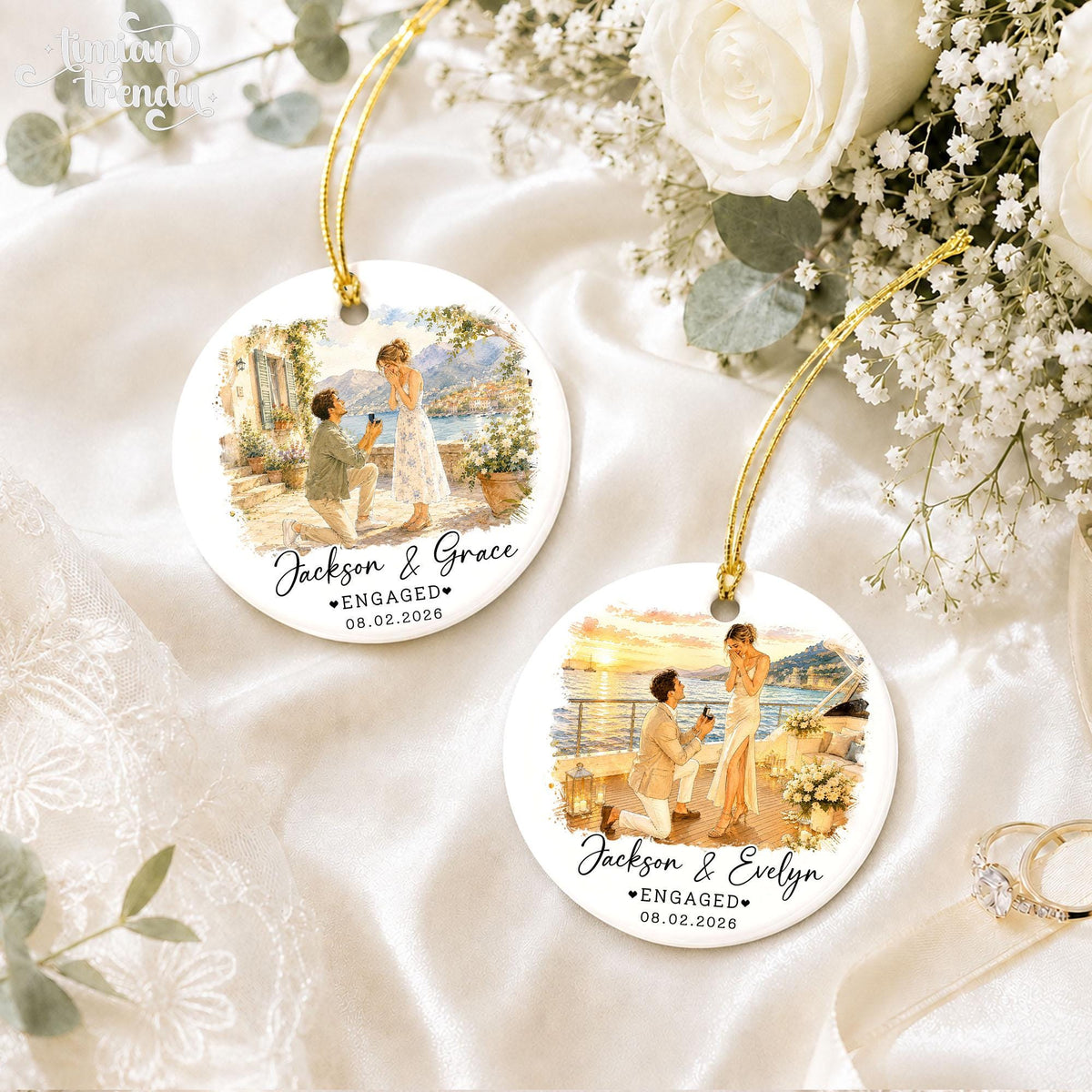 Custom Engagement Ornament, Custom Engaged Couple Portrait Photo Watercolor, Gift for Newly Engaged Couple, Engagement Gifts - product image 8