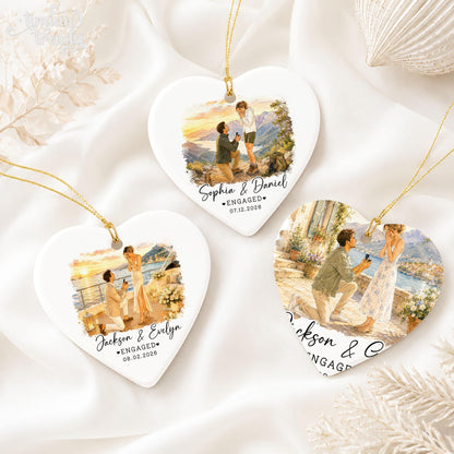 Custom Engagement Ornament, Custom Engaged Couple Portrait Photo Watercolor, Gift for Newly Engaged Couple, Engagement Gifts - product image 9