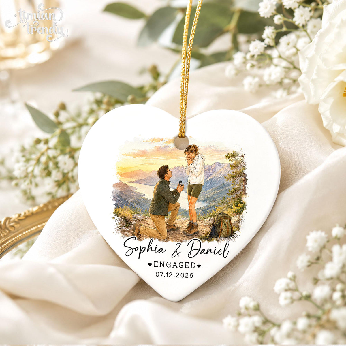 Custom Engagement Ornament, Custom Engaged Couple Portrait Photo Watercolor, Gift for Newly Engaged Couple, Engagement Gifts - product image 10