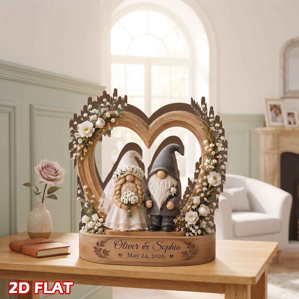 Personalized Wedding Gnome Wooden Sign, Custom Couple Name Figurine, Rustic Heart Table Decor, Anniversary Keepsake Gift Idea, GIFT 2026 - product image 2