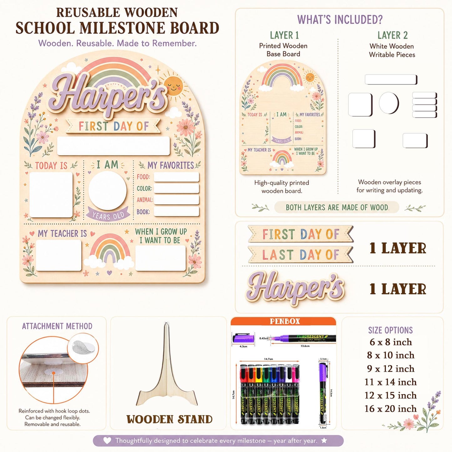 Custom Boho Rainbow First Day of School Sign for Girls, Personalized Back to School Board, Editable School Photo Prop, Reusable Milestone - product image 2