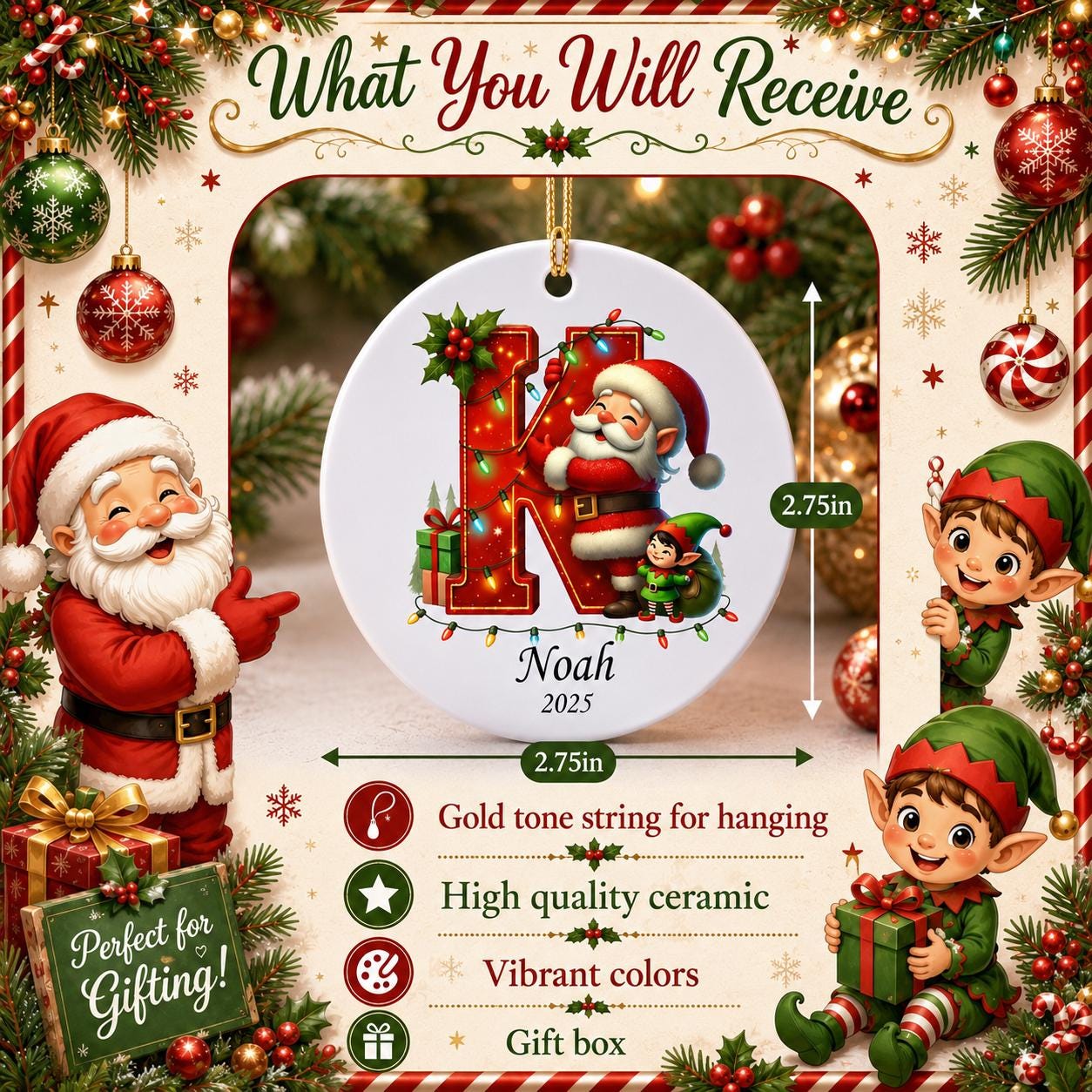 Letter Name Ornament, Santa Elf Ornament Personalized Christmas Ornament 2025, Custom Initial ornament, Christmas ornament for kids, Family - product image 8