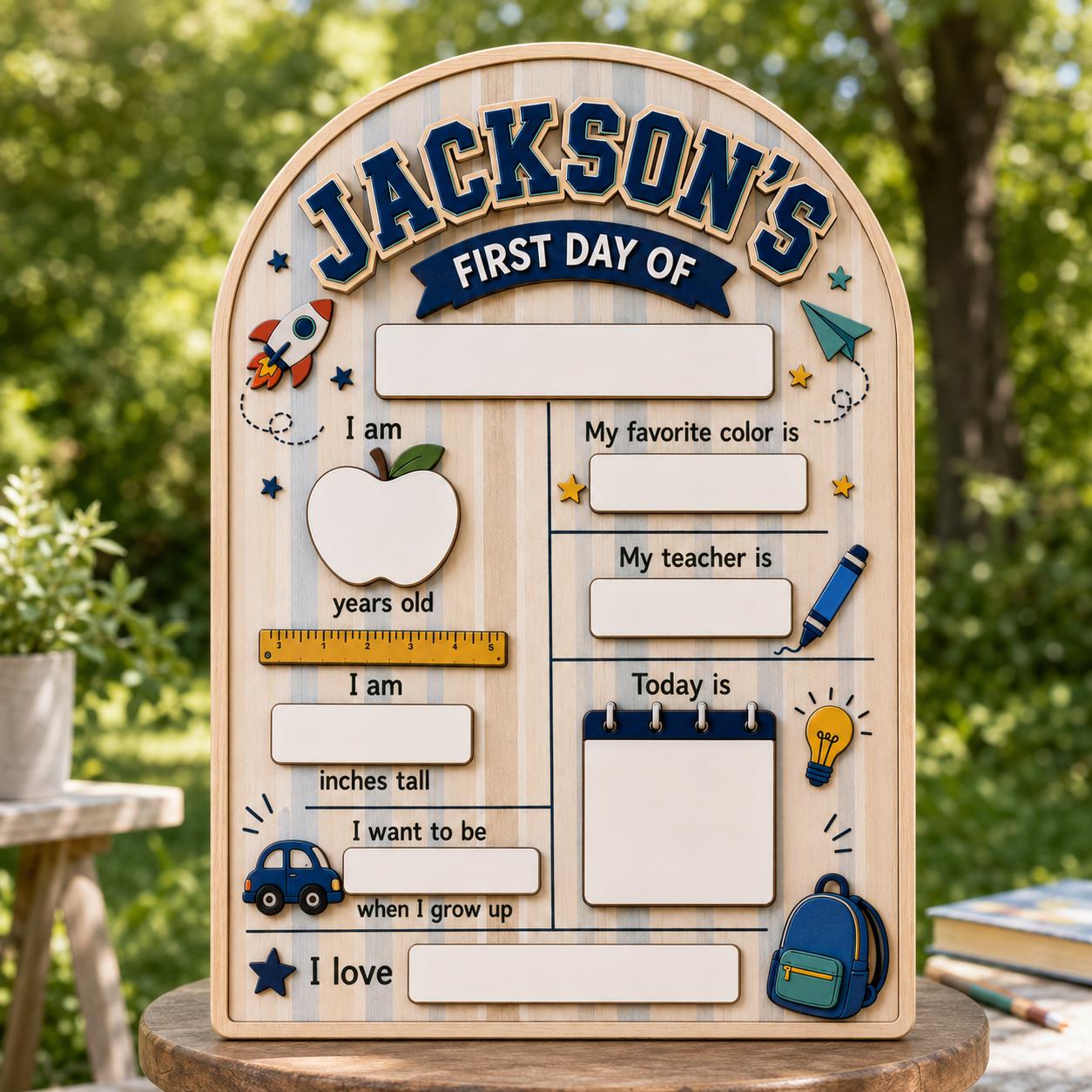 Personalized First Day of School Sign, Custom Wooden Back to School Milestone Board, Boys School Photo Prop - main product image