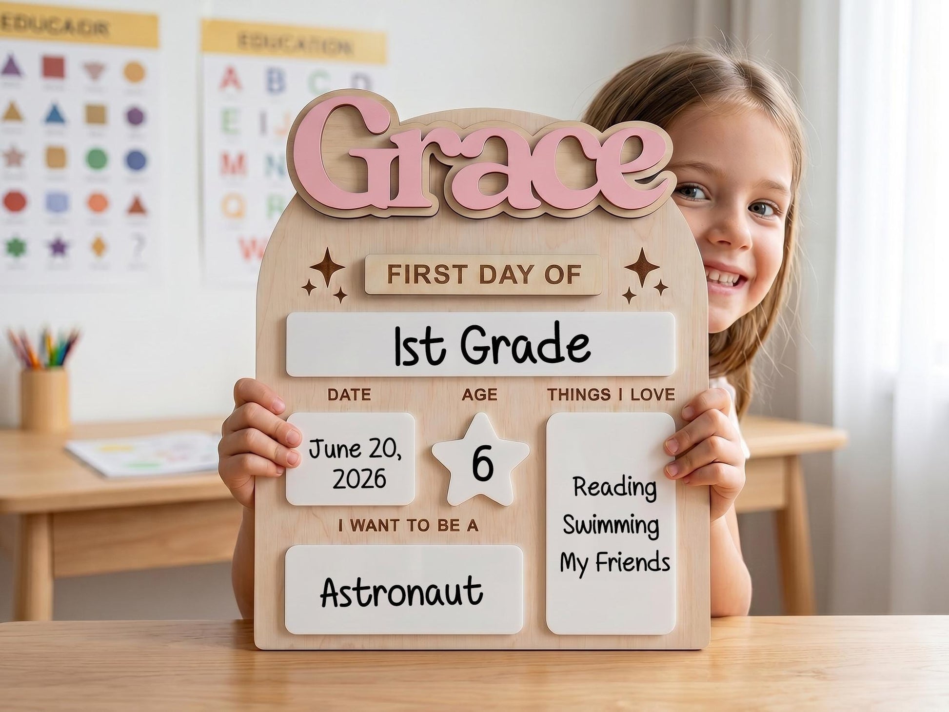 Custom First Day of School Board, Preschool and Kindergarten Photo Prop, Back to School Sign for Kids, Personalized First Day Name Keepsake - main product image