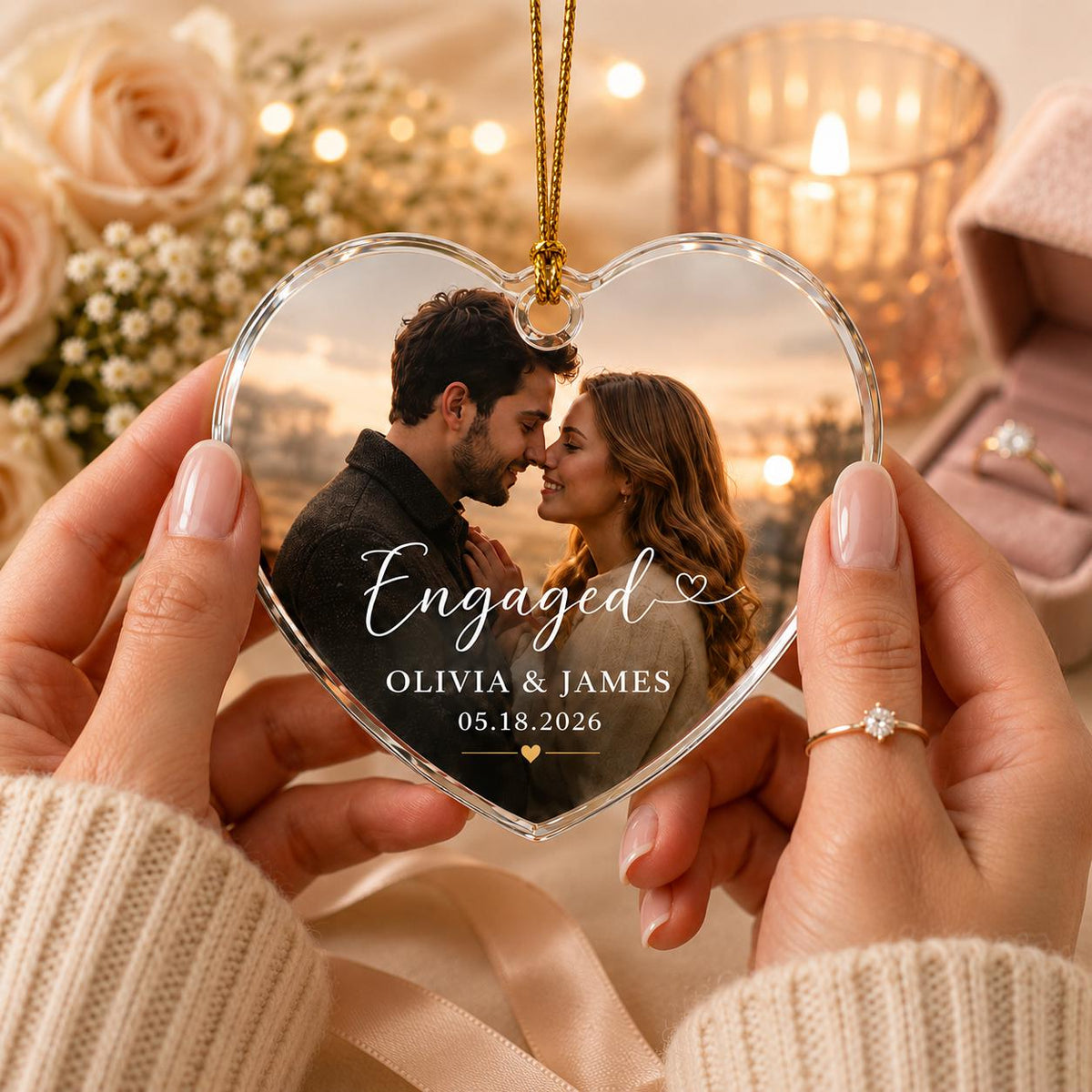 Personalized Engagement Photo Ornament, Custom Photo Glass Ornament, First Christmas Engaged Gift for Couple, Newly Engaged Picture Keepsake - main product image