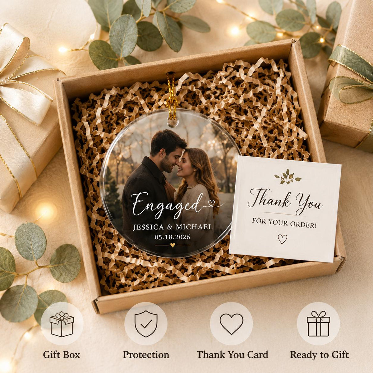 Personalized Engagement Photo Ornament, Custom Photo Glass Ornament, First Christmas Engaged Gift for Couple, Newly Engaged Picture Keepsake - product image 4