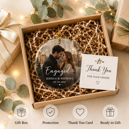 Personalized Engagement Photo Ornament, Custom Photo Glass Ornament, First Christmas Engaged Gift for Couple, Newly Engaged Picture Keepsake - product image 4