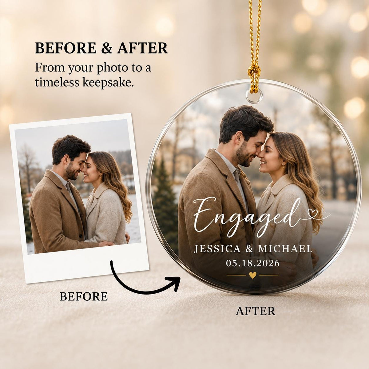Personalized Engagement Photo Ornament, Custom Photo Glass Ornament, First Christmas Engaged Gift for Couple, Newly Engaged Picture Keepsake - product image 3