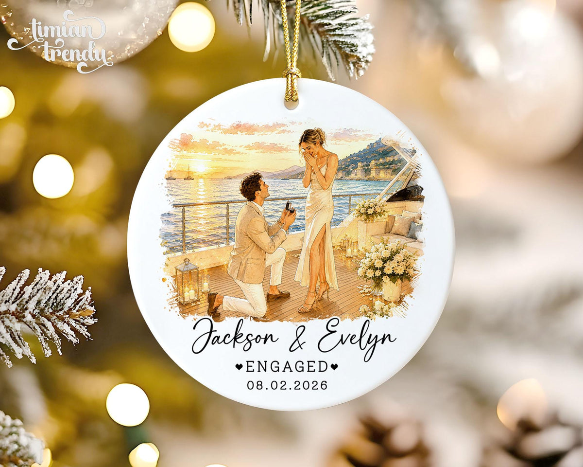 Custom Engagement Ornament, Custom Engaged Couple Portrait Photo Watercolor, Gift for Newly Engaged Couple, Engagement Gifts - main product image
